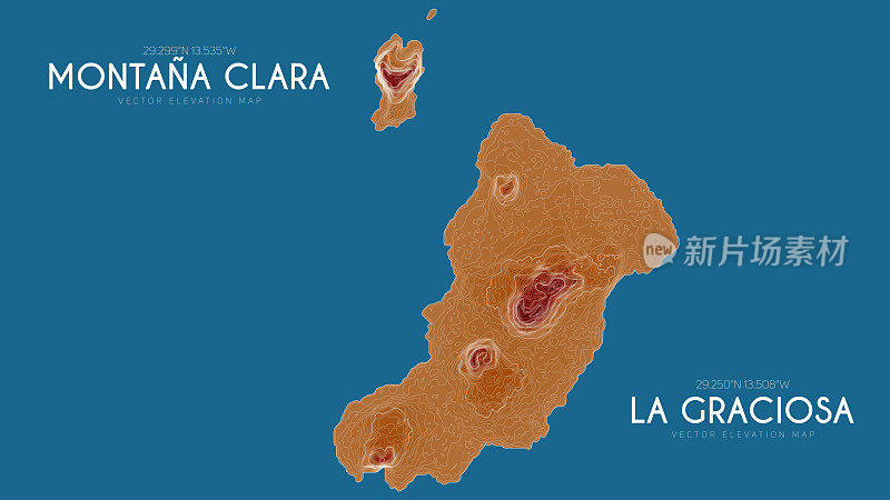 西班牙加那利群岛La Graciosa地形图。矢量详细高程地图的岛屿。地理优美的景观轮廓海报。